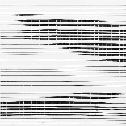 A framed abstract artwork featuring black horizontal lines on a white background. The lines vary in thickness and some sections are broken by vertical white spaces, creating a rhythmic and textured pattern. The piece is enclosed in a simple, light-colored wood frame. Poster