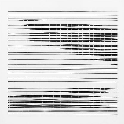 A framed abstract artwork featuring black horizontal lines on a white background. The lines vary in thickness and some sections are broken by vertical white spaces, creating a rhythmic and textured pattern. The piece is enclosed in a simple, light-colored wood frame. Poster