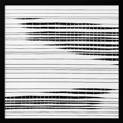 A framed abstract artwork featuring black horizontal lines on a white background. The lines vary in thickness and some sections are broken by vertical white spaces, creating a rhythmic and textured pattern. The piece is enclosed in a simple, light-colored wood frame. Poster