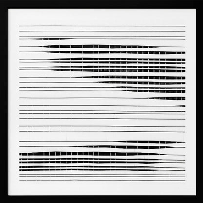 A framed abstract artwork featuring black horizontal lines on a white background. The lines vary in thickness and some sections are broken by vertical white spaces, creating a rhythmic and textured pattern. The piece is enclosed in a simple, light-colored wood frame. Poster