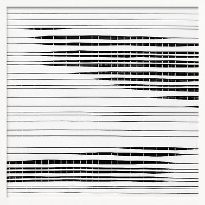 A framed abstract artwork featuring black horizontal lines on a white background. The lines vary in thickness and some sections are broken by vertical white spaces, creating a rhythmic and textured pattern. The piece is enclosed in a simple, light-colored wood frame. Poster