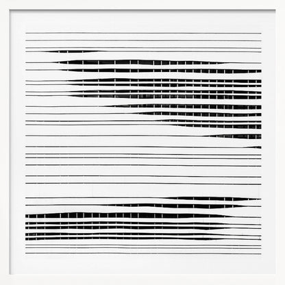 A framed abstract artwork featuring black horizontal lines on a white background. The lines vary in thickness and some sections are broken by vertical white spaces, creating a rhythmic and textured pattern. The piece is enclosed in a simple, light-colored wood frame. Poster