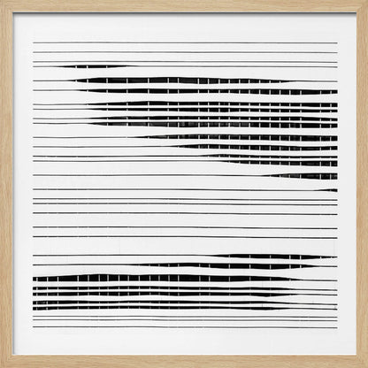A framed abstract artwork featuring black horizontal lines on a white background. The lines vary in thickness and some sections are broken by vertical white spaces, creating a rhythmic and textured pattern. The piece is enclosed in a simple, light-colored wood frame. Poster