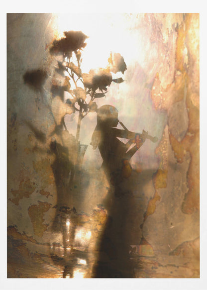 An abstract, dreamlike artwork featuring the dark silhouettes of a person playing the violin and a vase of roses against a bright, textured, and reflective background with warm tones of brown, gold, and bronze. The piece has a weathered, vintage appearance and is set in a thin black frame. Print