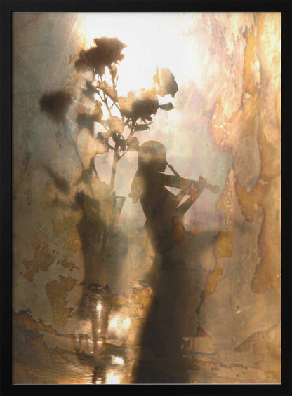 An abstract, dreamlike artwork featuring the dark silhouettes of a person playing the violin and a vase of roses against a bright, textured, and reflective background with warm tones of brown, gold, and bronze. The piece has a weathered, vintage appearance and is set in a thin black frame. Print