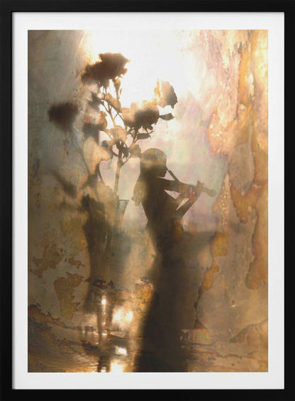 An abstract, dreamlike artwork featuring the dark silhouettes of a person playing the violin and a vase of roses against a bright, textured, and reflective background with warm tones of brown, gold, and bronze. The piece has a weathered, vintage appearance and is set in a thin black frame. Print