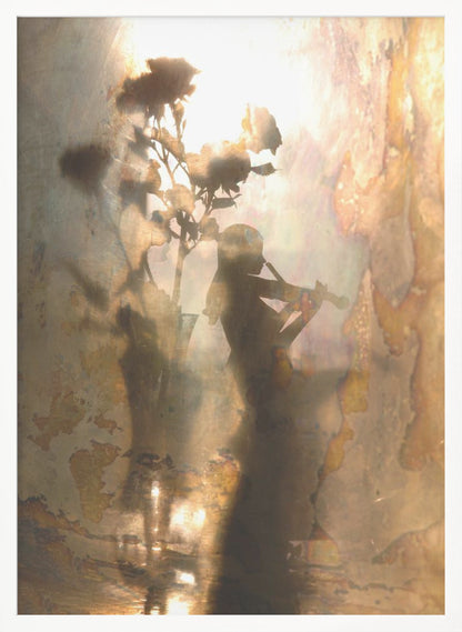 An abstract, dreamlike artwork featuring the dark silhouettes of a person playing the violin and a vase of roses against a bright, textured, and reflective background with warm tones of brown, gold, and bronze. The piece has a weathered, vintage appearance and is set in a thin black frame. Print
