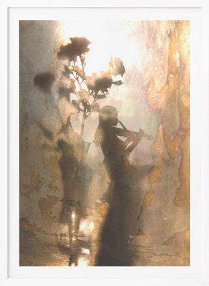 An abstract, dreamlike artwork featuring the dark silhouettes of a person playing the violin and a vase of roses against a bright, textured, and reflective background with warm tones of brown, gold, and bronze. The piece has a weathered, vintage appearance and is set in a thin black frame. Print