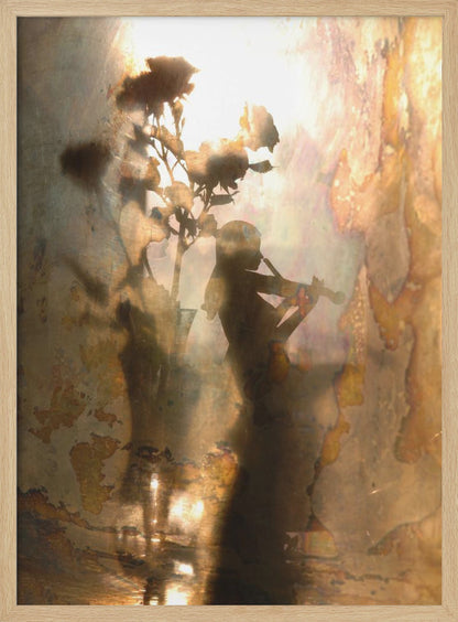 An abstract, dreamlike artwork featuring the dark silhouettes of a person playing the violin and a vase of roses against a bright, textured, and reflective background with warm tones of brown, gold, and bronze. The piece has a weathered, vintage appearance and is set in a thin black frame. Print
