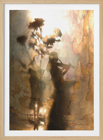 An abstract, dreamlike artwork featuring the dark silhouettes of a person playing the violin and a vase of roses against a bright, textured, and reflective background with warm tones of brown, gold, and bronze. The piece has a weathered, vintage appearance and is set in a thin black frame. Print