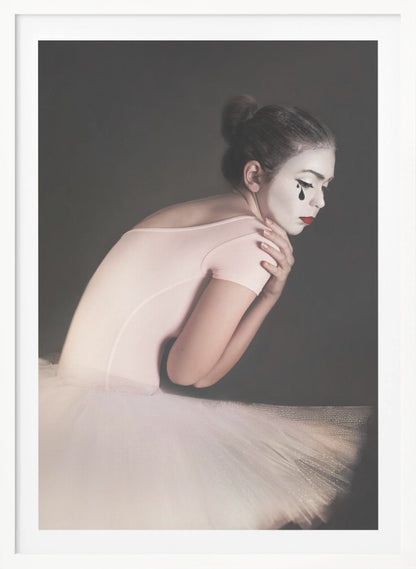 A portrait of a sad ballerina with white mime makeup and a black teardrop painted on her cheek, wearing a pink leotard and white tutu against a dark gray background. Artwork
