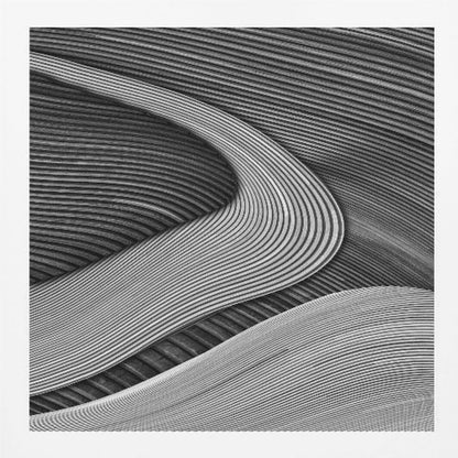 A framed black and white abstract artwork featuring a dynamic composition of flowing, wave-like forms created from dense, parallel lines. Lighter-toned curves sweep across the canvas, overlapping darker areas and creating a sense of depth, texture, and movement. Decor