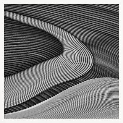 A framed black and white abstract artwork featuring a dynamic composition of flowing, wave-like forms created from dense, parallel lines. Lighter-toned curves sweep across the canvas, overlapping darker areas and creating a sense of depth, texture, and movement. Decor