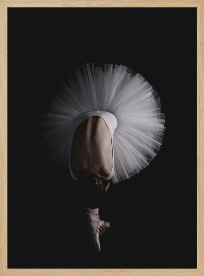 A dramatic photograph of a ballerina against a solid black background. She is bent completely forward, showing her arched back to the camera. Her white tutu fans out in a wide circle around her, and one foot in a pointe shoe is visible beneath her, balanced on its tip. Print