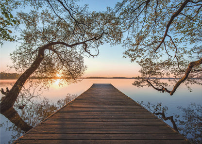 A tranquil sunrise over a still lake, viewed from a long wooden pier that stretches into the water, with silhouetted tree branches framing the serene scene. Poster
