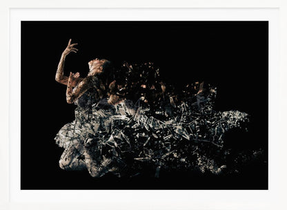 A conceptual piece of artwork depicting a woman in a dynamic pose against a solid black background. Her form appears to be shattering and dissolving into a swirling cloud of broken glass shards, creating a powerful and dramatic effect. The piece is presented within a simple silver frame. Print