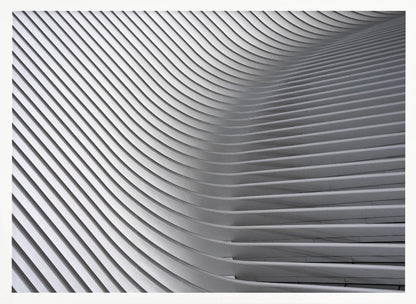 A framed, close-up, abstract photograph of a modern architectural structure. Parallel white ribs curve and undulate across the frame, creating a sense of movement and rhythm through the interplay of light and shadow. Artwork