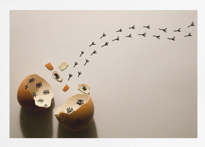 A conceptual art piece showing a broken brown eggshell against a beige background. Inside the shell are black tally marks, as if counting days. A trail of tiny black chicken footprints leads away from the egg, suggesting a chick has finally hatched and escaped after a long wait. Artwork