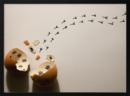 A conceptual art piece showing a broken brown eggshell against a beige background. Inside the shell are black tally marks, as if counting days. A trail of tiny black chicken footprints leads away from the egg, suggesting a chick has finally hatched and escaped after a long wait. Artwork