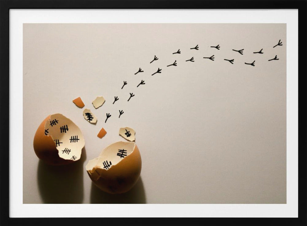 A conceptual art piece showing a broken brown eggshell against a beige background. Inside the shell are black tally marks, as if counting days. A trail of tiny black chicken footprints leads away from the egg, suggesting a chick has finally hatched and escaped after a long wait. Artwork