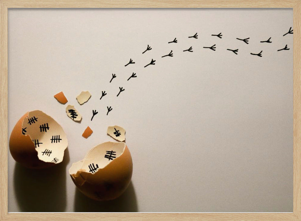A conceptual art piece showing a broken brown eggshell against a beige background. Inside the shell are black tally marks, as if counting days. A trail of tiny black chicken footprints leads away from the egg, suggesting a chick has finally hatched and escaped after a long wait. Artwork