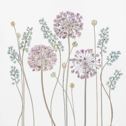 A botanical art print in a light wood frame, featuring delicate pressed allium flowers with pink and purple globes and slender stems, interspersed with sprigs of muted blue-green foliage against a clean white background. Poster