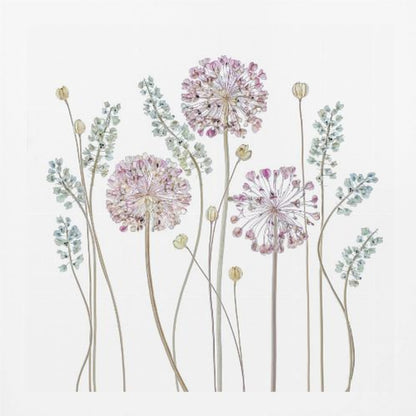 A botanical art print in a light wood frame, featuring delicate pressed allium flowers with pink and purple globes and slender stems, interspersed with sprigs of muted blue-green foliage against a clean white background. Poster