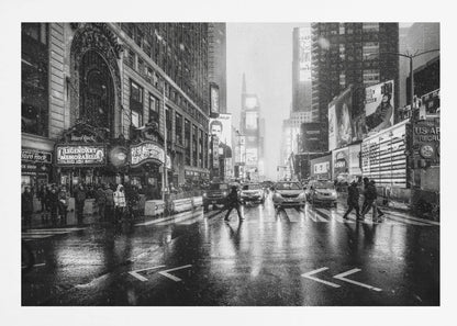 A moody black and white photograph of a snowy day in New York City's Times Square. The wet streets reflect the bright lights of the surrounding buildings and billboards as pedestrians cross the street and cars wait in traffic. Artwork