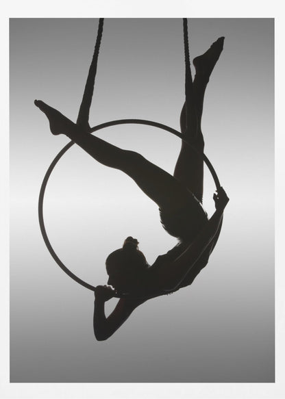 A black silhouette of a graceful female acrobat in an inverted pose on a suspended aerial hoop, set against a light grey background. Print