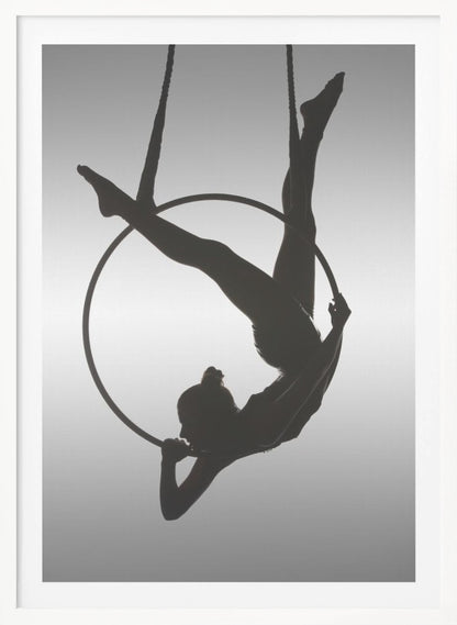 A black silhouette of a graceful female acrobat in an inverted pose on a suspended aerial hoop, set against a light grey background. Print