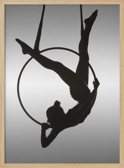 A black silhouette of a graceful female acrobat in an inverted pose on a suspended aerial hoop, set against a light grey background. Print
