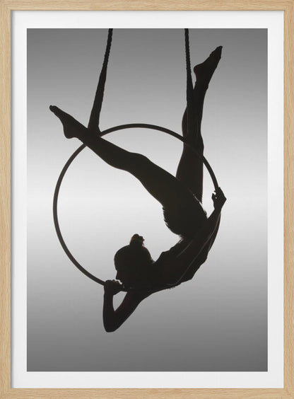 A black silhouette of a graceful female acrobat in an inverted pose on a suspended aerial hoop, set against a light grey background. Print