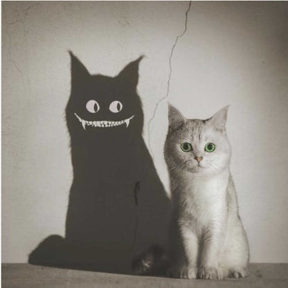A photographic artwork of a cute, silver-grey cat with vibrant green eyes sitting beside its shadow, which is distorted into a monstrous black creature with large white eyes and a sharp, toothy grin against a cracked wall. Decor
