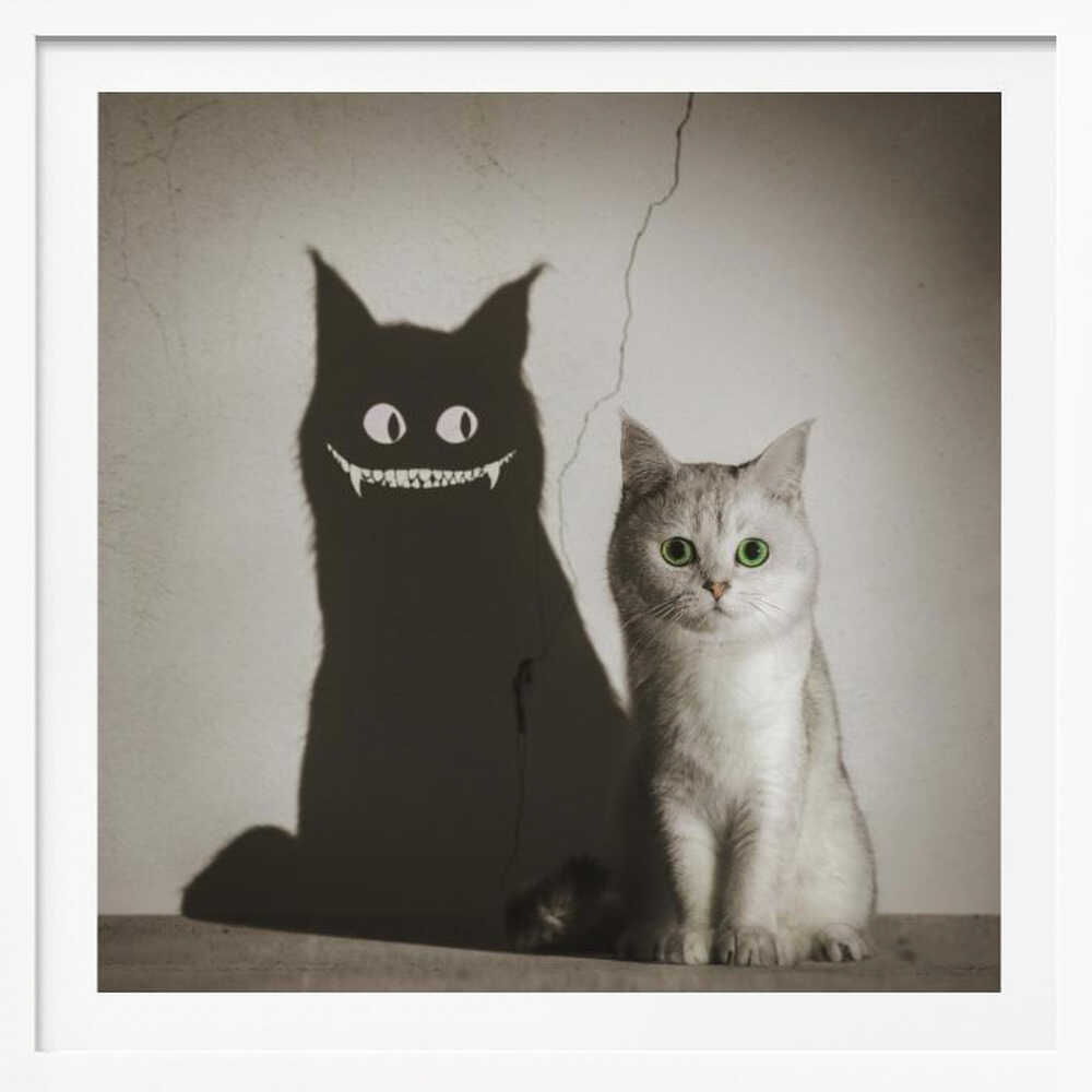 A photographic artwork of a cute, silver-grey cat with vibrant green eyes sitting beside its shadow, which is distorted into a monstrous black creature with large white eyes and a sharp, toothy grin against a cracked wall. Decor