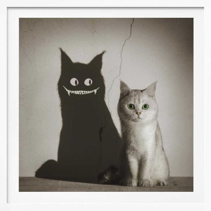 A photographic artwork of a cute, silver-grey cat with vibrant green eyes sitting beside its shadow, which is distorted into a monstrous black creature with large white eyes and a sharp, toothy grin against a cracked wall. Decor