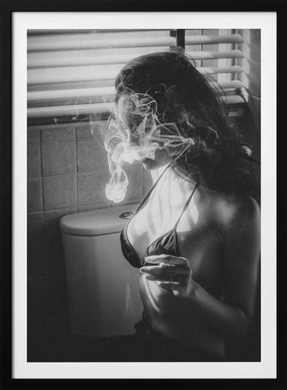 A black and white photograph of a woman in a bikini top smoking a cigarette in a bathroom. Light from a window with blinds creates dramatic shadows as a thick cloud of smoke obscures her face. Poster