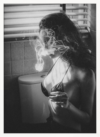 A black and white photograph of a woman in a bikini top smoking a cigarette in a bathroom. Light from a window with blinds creates dramatic shadows as a thick cloud of smoke obscures her face. Poster