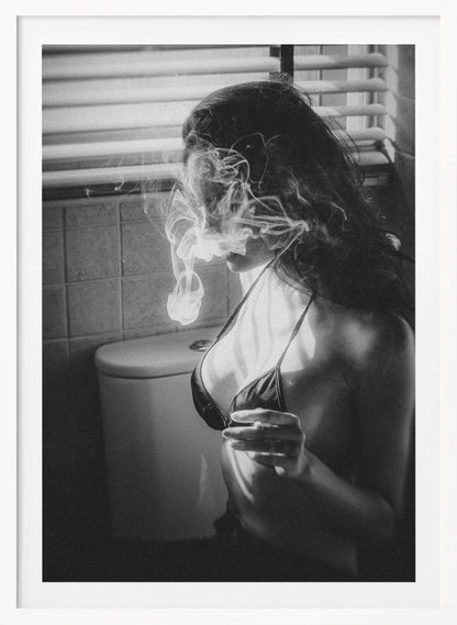A black and white photograph of a woman in a bikini top smoking a cigarette in a bathroom. Light from a window with blinds creates dramatic shadows as a thick cloud of smoke obscures her face. Poster
