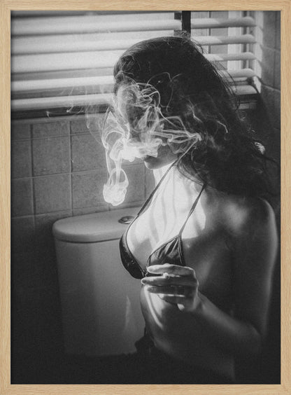 A black and white photograph of a woman in a bikini top smoking a cigarette in a bathroom. Light from a window with blinds creates dramatic shadows as a thick cloud of smoke obscures her face. Poster