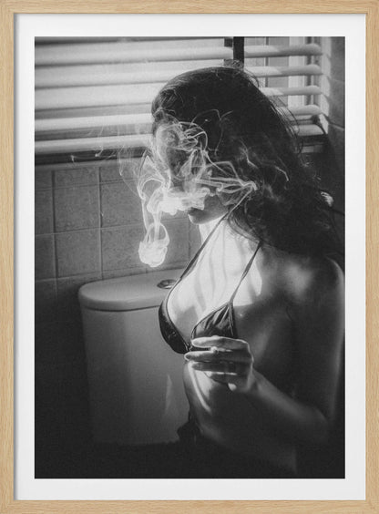 A black and white photograph of a woman in a bikini top smoking a cigarette in a bathroom. Light from a window with blinds creates dramatic shadows as a thick cloud of smoke obscures her face. Poster