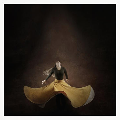 A framed photograph of a woman dancing against a dark, moody brown background. She is captured mid-spin, with her long, vibrant yellow skirt fanning out around her. Her head is thrown back, and her long hair is in motion, conveying a sense of freedom and passion. Poster