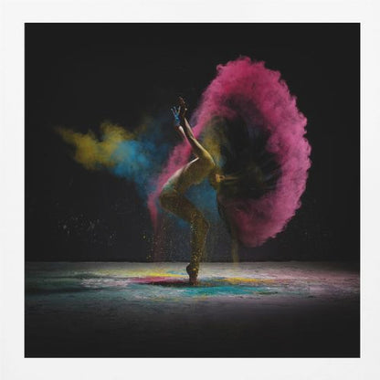 A dynamic photo of a dancer arching backward, their long hair creating a massive arc of vibrant pink powder against a black background, with smaller bursts of blue and yellow. Decor