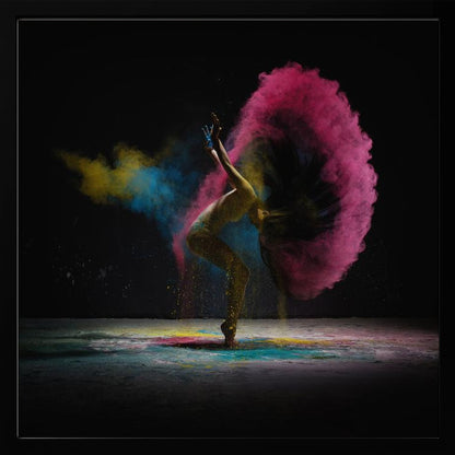 A dynamic photo of a dancer arching backward, their long hair creating a massive arc of vibrant pink powder against a black background, with smaller bursts of blue and yellow. Decor