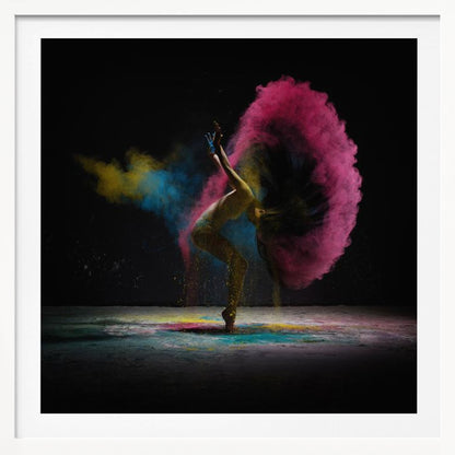 A dynamic photo of a dancer arching backward, their long hair creating a massive arc of vibrant pink powder against a black background, with smaller bursts of blue and yellow. Decor