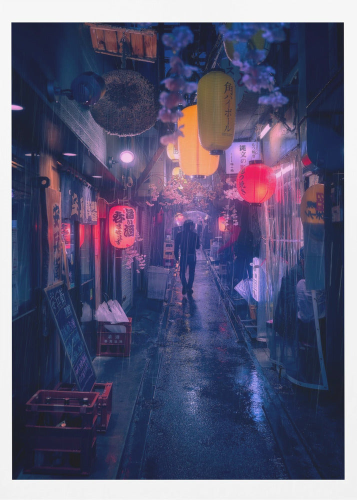 A lone figure walks down a narrow, rain-slicked Japanese alley at night. Colorful paper lanterns hang overhead, casting warm orange and red light that reflects on the wet ground, contrasting with the cool blue tones of the evening. Wall Art