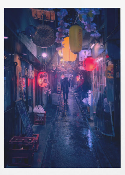 A lone figure walks down a narrow, rain-slicked Japanese alley at night. Colorful paper lanterns hang overhead, casting warm orange and red light that reflects on the wet ground, contrasting with the cool blue tones of the evening. Wall Art