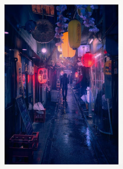 A lone figure walks down a narrow, rain-slicked Japanese alley at night. Colorful paper lanterns hang overhead, casting warm orange and red light that reflects on the wet ground, contrasting with the cool blue tones of the evening. Wall Art