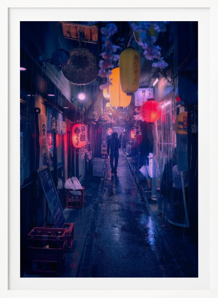 A lone figure walks down a narrow, rain-slicked Japanese alley at night. Colorful paper lanterns hang overhead, casting warm orange and red light that reflects on the wet ground, contrasting with the cool blue tones of the evening. Wall Art
