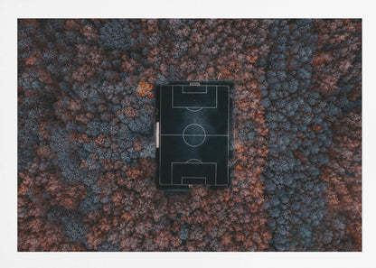 An aerial top-down photograph of a stark black soccer field with white markings, dramatically set in the middle of a dense, colorful forest with blue and rust-colored trees, all enclosed within a silver frame. Wall Art
