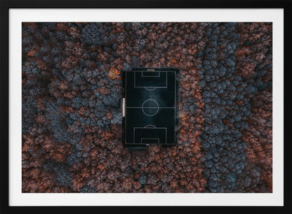 An aerial top-down photograph of a stark black soccer field with white markings, dramatically set in the middle of a dense, colorful forest with blue and rust-colored trees, all enclosed within a silver frame. Wall Art